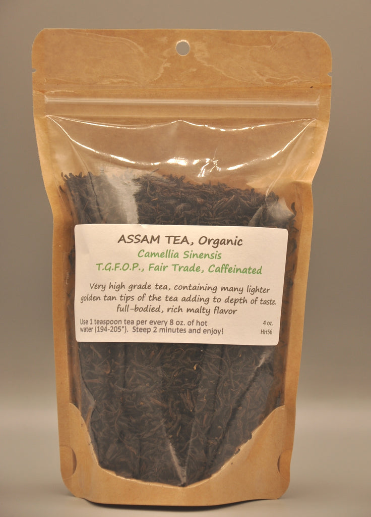 This is our 4 ounce resealable bag of organic Assam Tea, camellia sinensis, Tippy Golden Flowery Orange Pekoe, fair trade and caffeinated. Our customers say this is a great tea.
