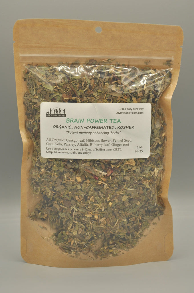 This is our 4 ounce resealable bag of Brain Power Tea, with organic ginkgo leaf, hibiscus flower, gotu kola, and other traditional herbs to help support cognitive function.