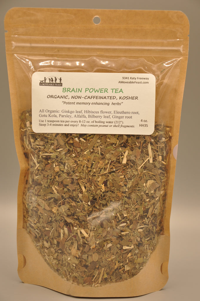 This is our 4 ounce resealable bag of Brain Power Tea, with organic ginkgo leaf, hibiscus flower, gotu kola, and other traditional herbs to help support cognitive function.