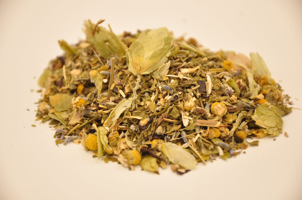 Hops, Wood Betony, Lemon Balm, and Skullcap are part of this relaxing herbal tea blend to help support a good night's sleep.